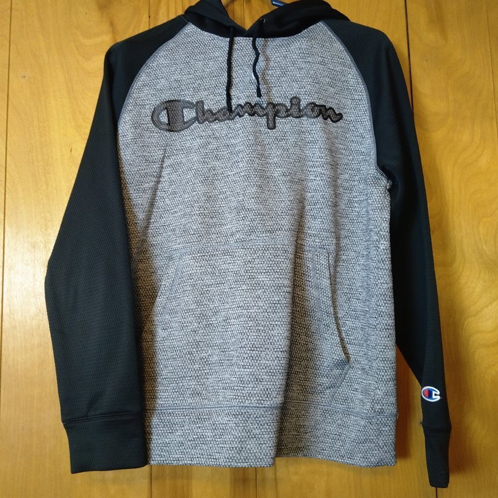 CHAMPION MEN'S SMALL GRAY/BLACK HOODED PULLOVER SWEATSHIRT ACTIVEWEAR CASUAL